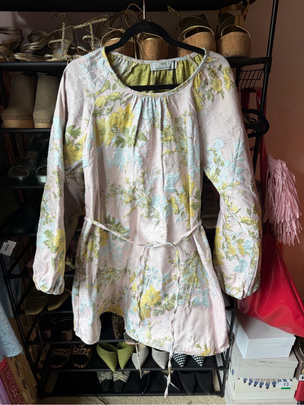 Anthropologie Pink Floral Mini Dress with Yellow & Light Blue Accents
